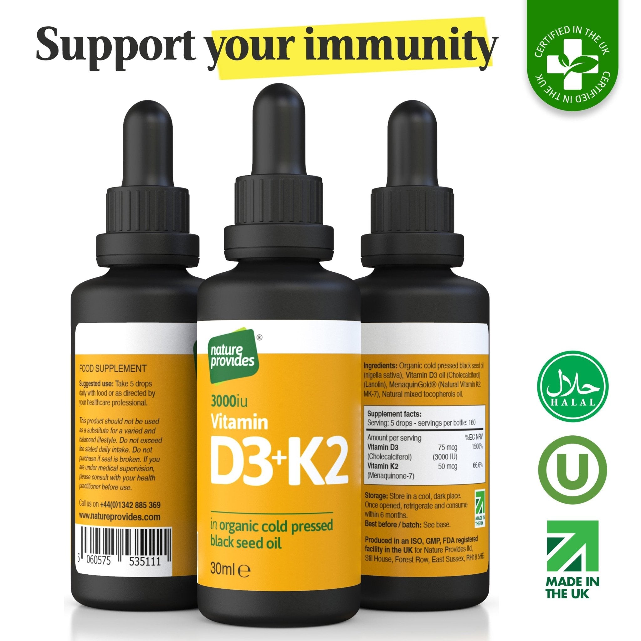 Liquid Vitamin D3 (3000IU) & K2 (MK - 7, 100% trans) in Organic Black Seed Oil / Nigella Sativa - 30ml - Nature Provides