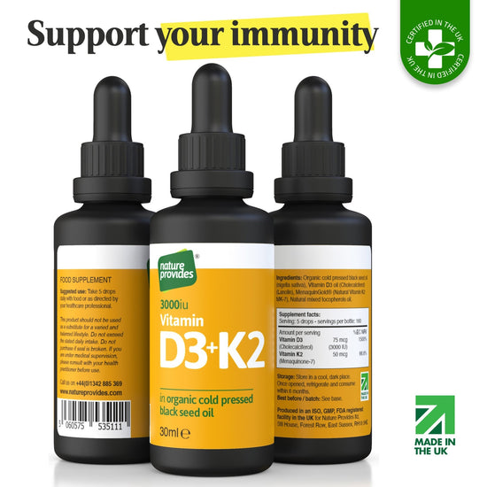 Liquid Vitamin D3 (3000IU) & K2 (MK - 7, 100% trans) in Organic Black Seed Oil / Nigella Sativa - 30ml - Nature Provides