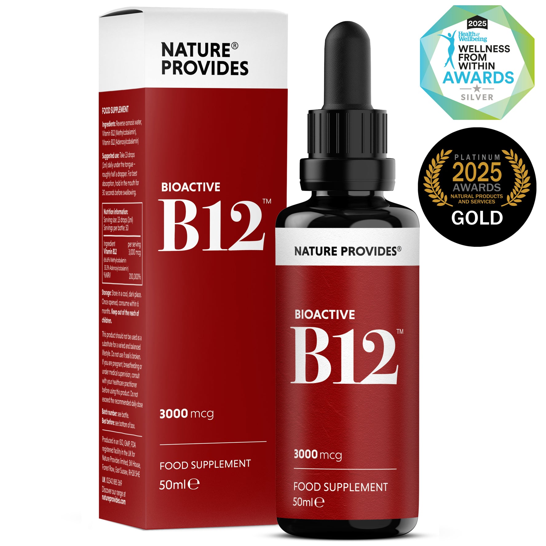 Die Natur bietet flüssiges Vitamin B12 (bioaktives B12, 3000 µg), hergestellt in Großbritannien – 50 ml
