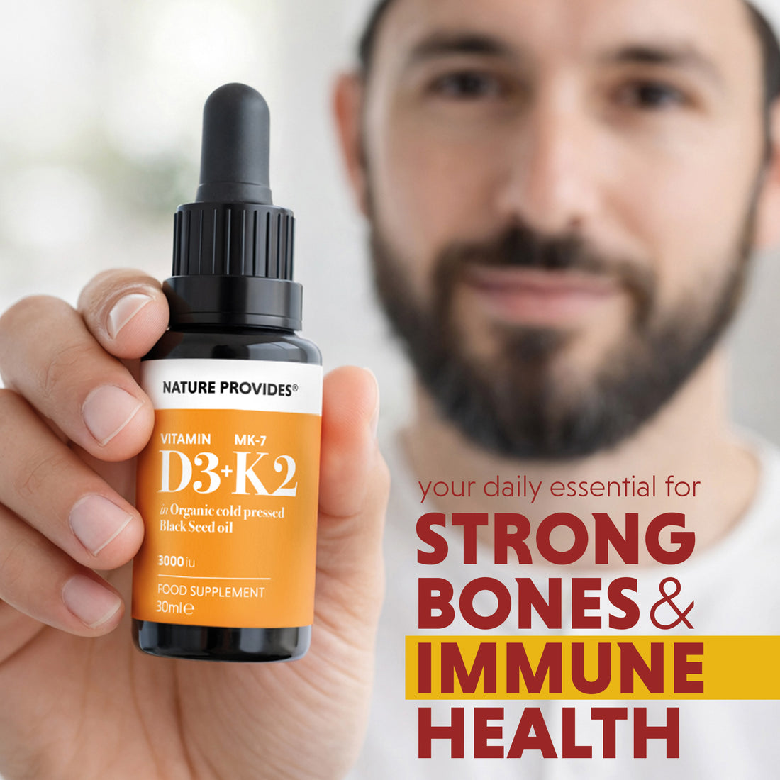 Flüssiges Vitamin D3 (3000IE) & K2 (MK-7, 100% trans) in Bio-Schwarzkümmelöl / Nigella Sativa - 30ml