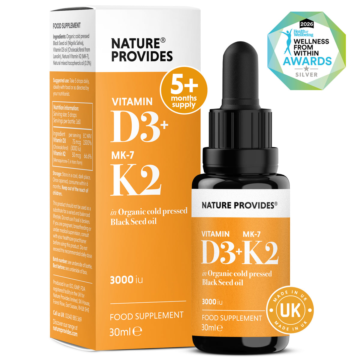 D3+K2 (3000IE) Flüssiges Vitamin D3 & K2 (MK7) in Bio Schwarzkümmelöl - 30ml