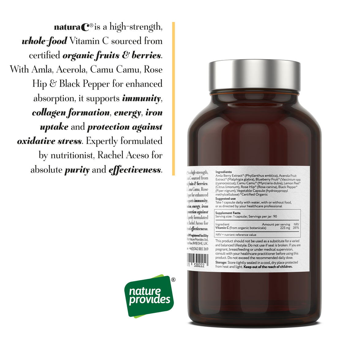 naturaC® | Zertifiziertes Bio-Vollwert-Vitamin C (225mg) 90 Kapseln