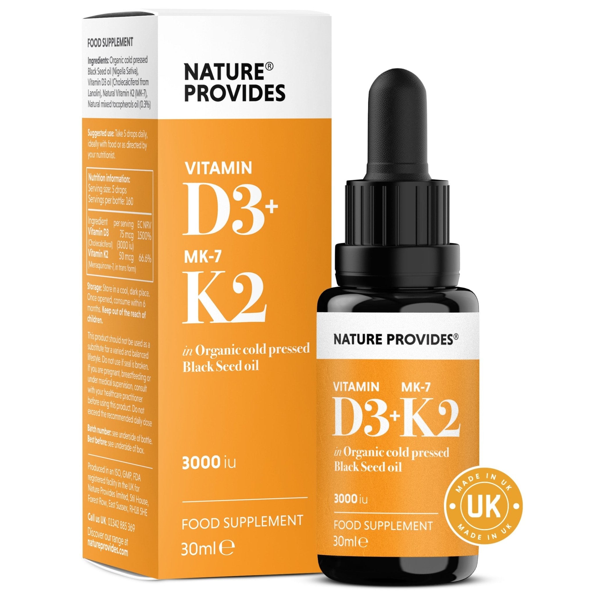 D3+K2 (3000IU) Liquid Vitamin D3 & K2 (MK7) in Organic BlackSeed Oil - 30ml - Nature Provides